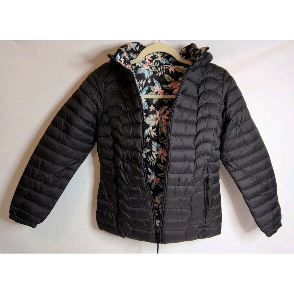 Youth Puffer Jacket With Removable Hood Reversible Floral &Black‎ Size 8 NWT